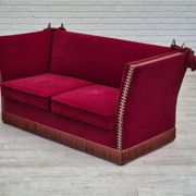 1970s, Danish drop arm "Spanish" sofa, original condition, cherry red furniture velour.