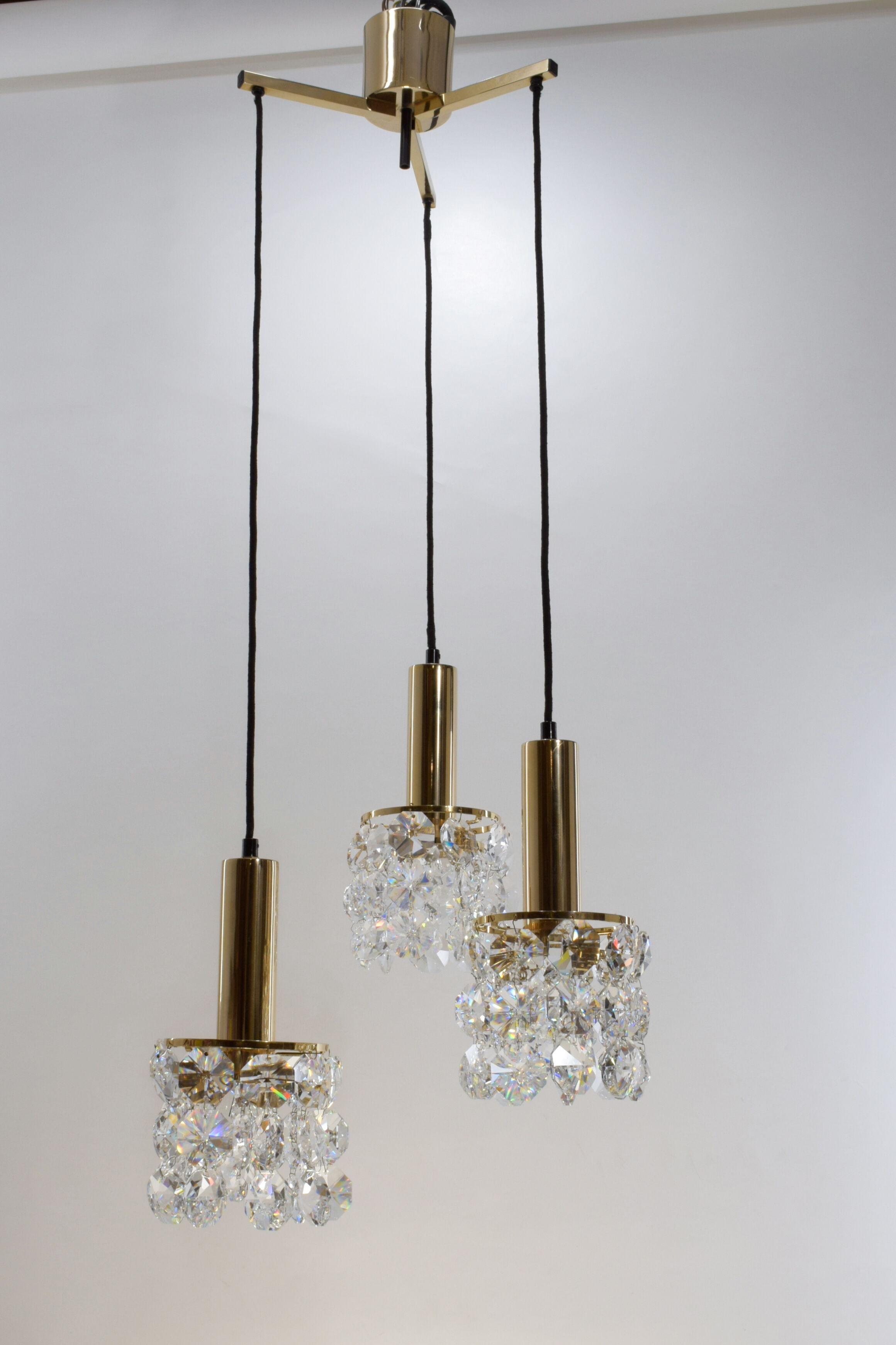 Palwa Golden brass and crystal chandelier, 1960 design