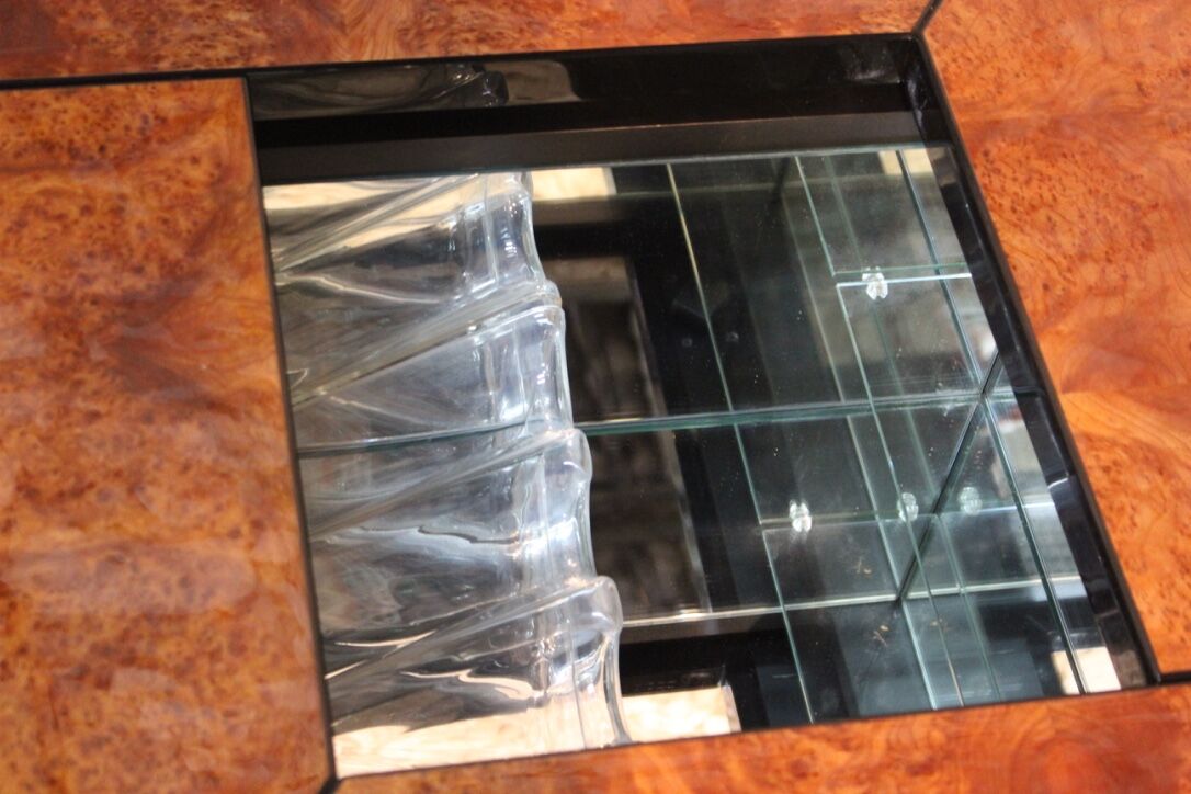 Coffee table, cocktail bar hidden in Elm Magnifier by Paul Michel, 1970 Roche Bobois