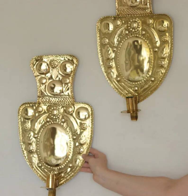 Large Baroque Style Mid-Century Brass Swedish Sconces