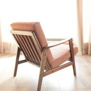 Vintage Wooden Armchair Tweed Upholstery Cushions Mid Century Design