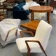 Italian mid-century lounge chair in cherry wood with white bouclé