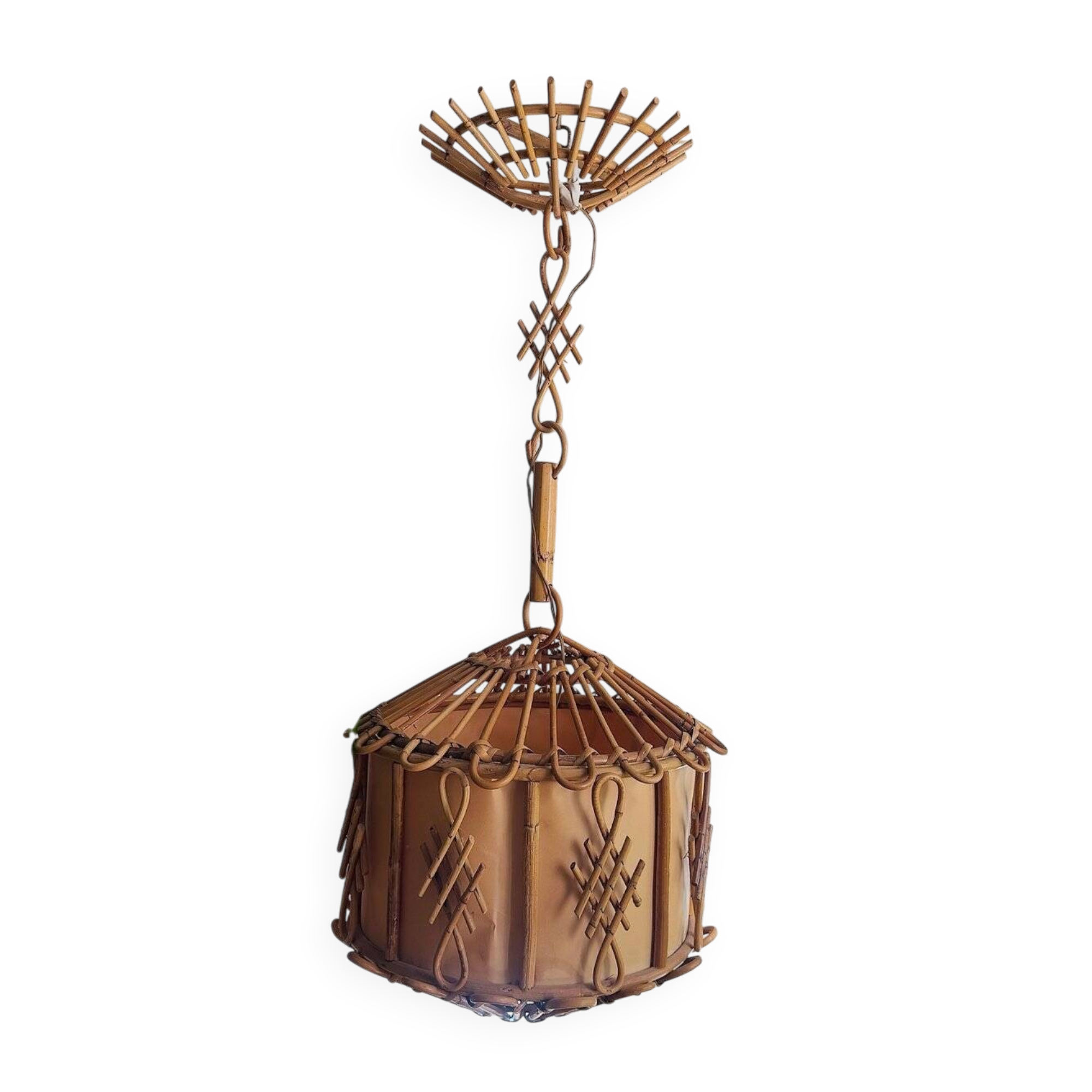 Hanging bamboo lamp with chinoiserie details by Louis Sognot, France, 1950.