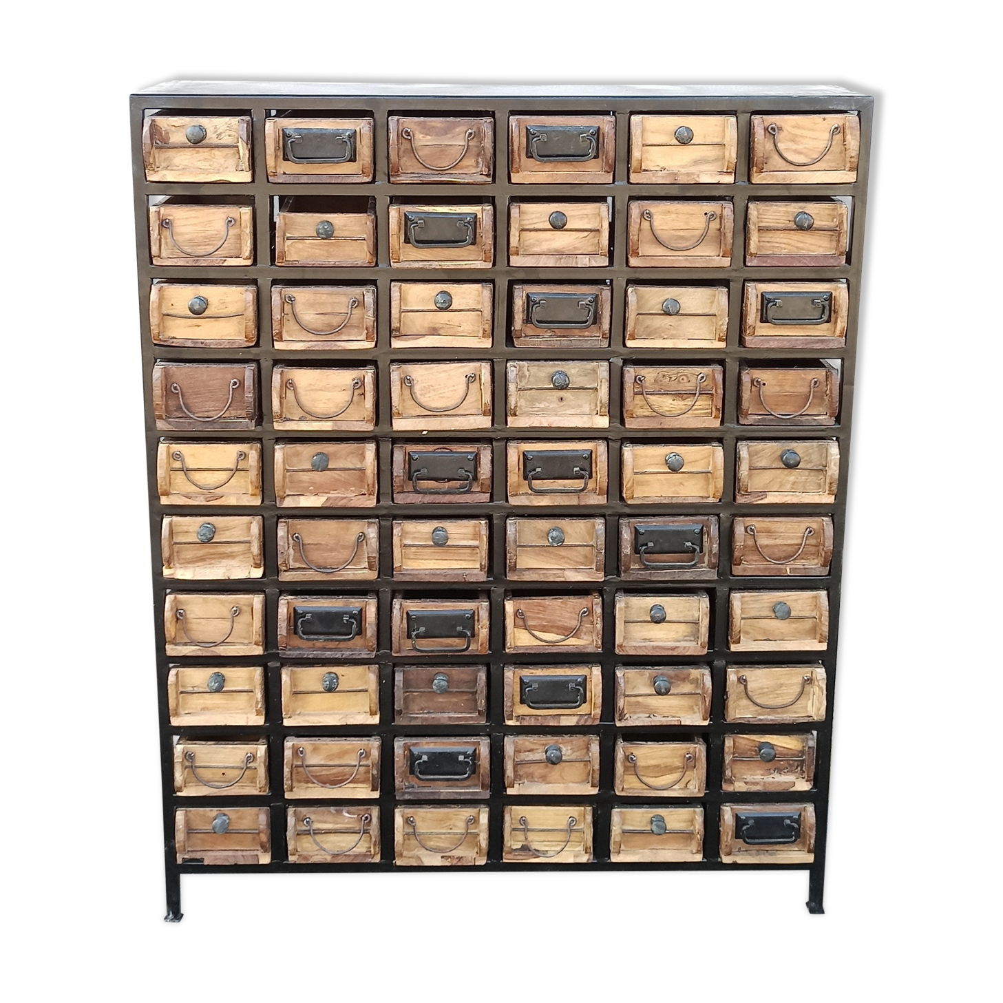Black metal storage cabinet with 60 wooden drawers