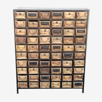 Black metal storage cabinet with 60 wooden drawers