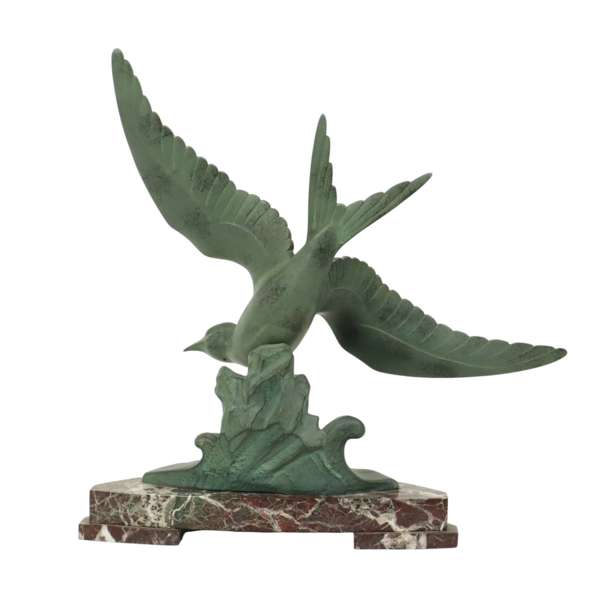 Sculpture Art Déco Goéland sur Socle en Marbre Patine Bronze 51 cm