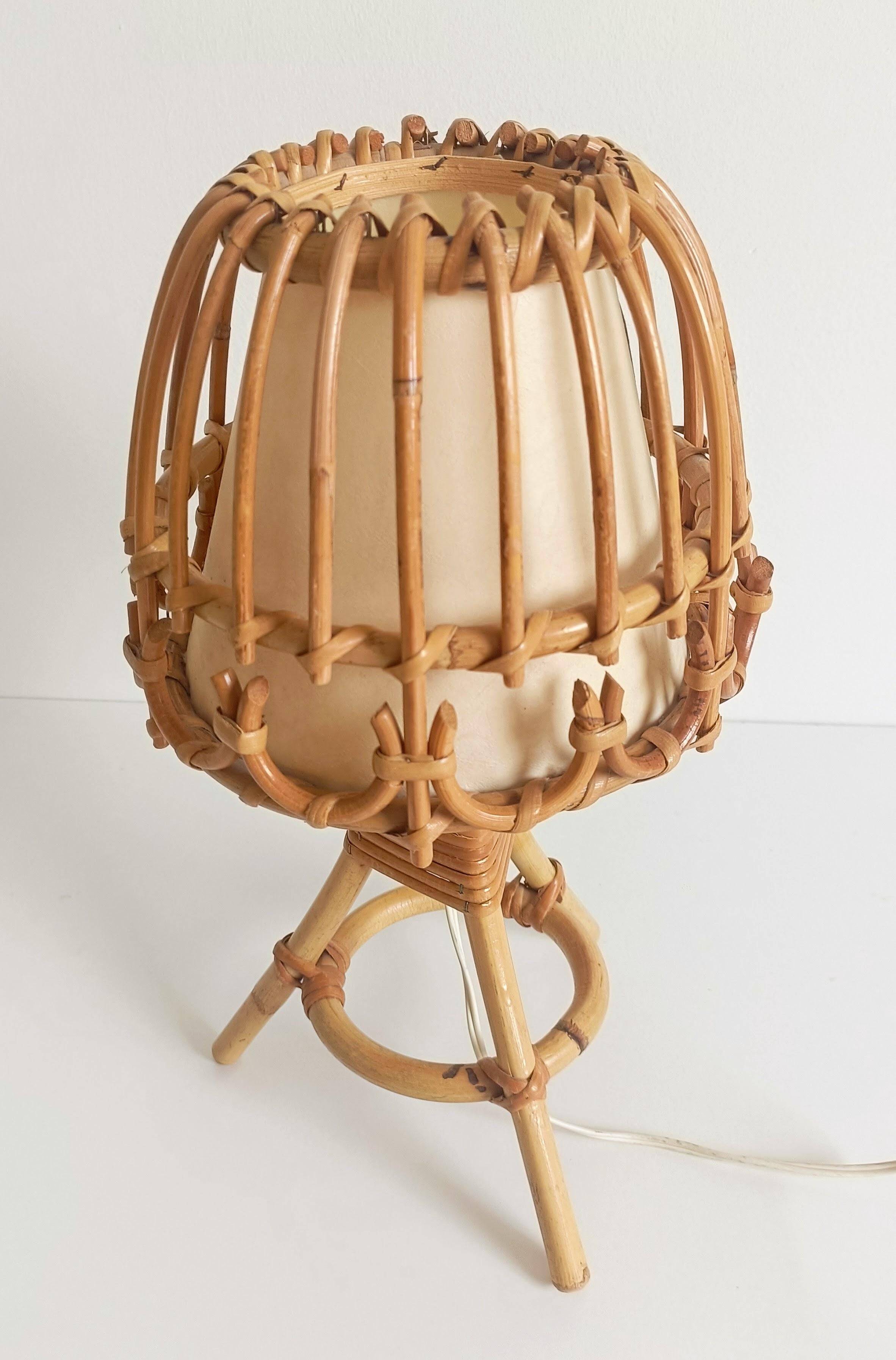 Midcentury Bamboo and Rattan Table Lamp, Attributed to Louis Sognot