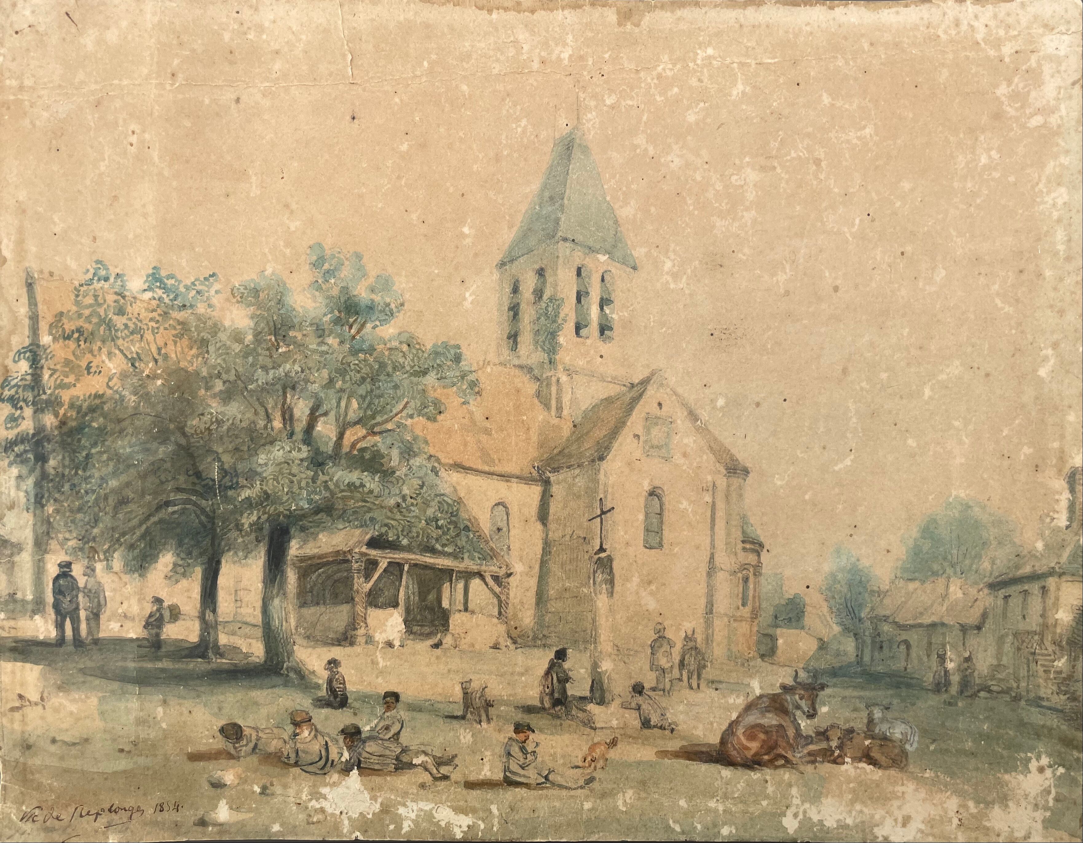 Painting landscape church Germigny-des-Prés 1854