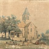 Painting landscape church Germigny-des-Prés 1854