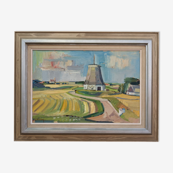 Peinture à l’huile de paysage suédois « Champs d’été » moderne du milieu du siècle, encadrée