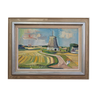 Peinture à l’huile de paysage suédois « Champs d’été » moderne du milieu du siècle, encadrée