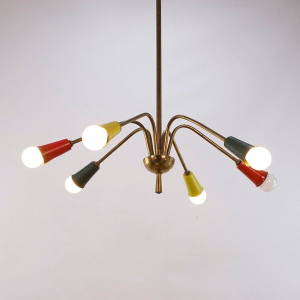 Vintage chandelier 1950, 6 arms, brass and colors, 60cm in diameter