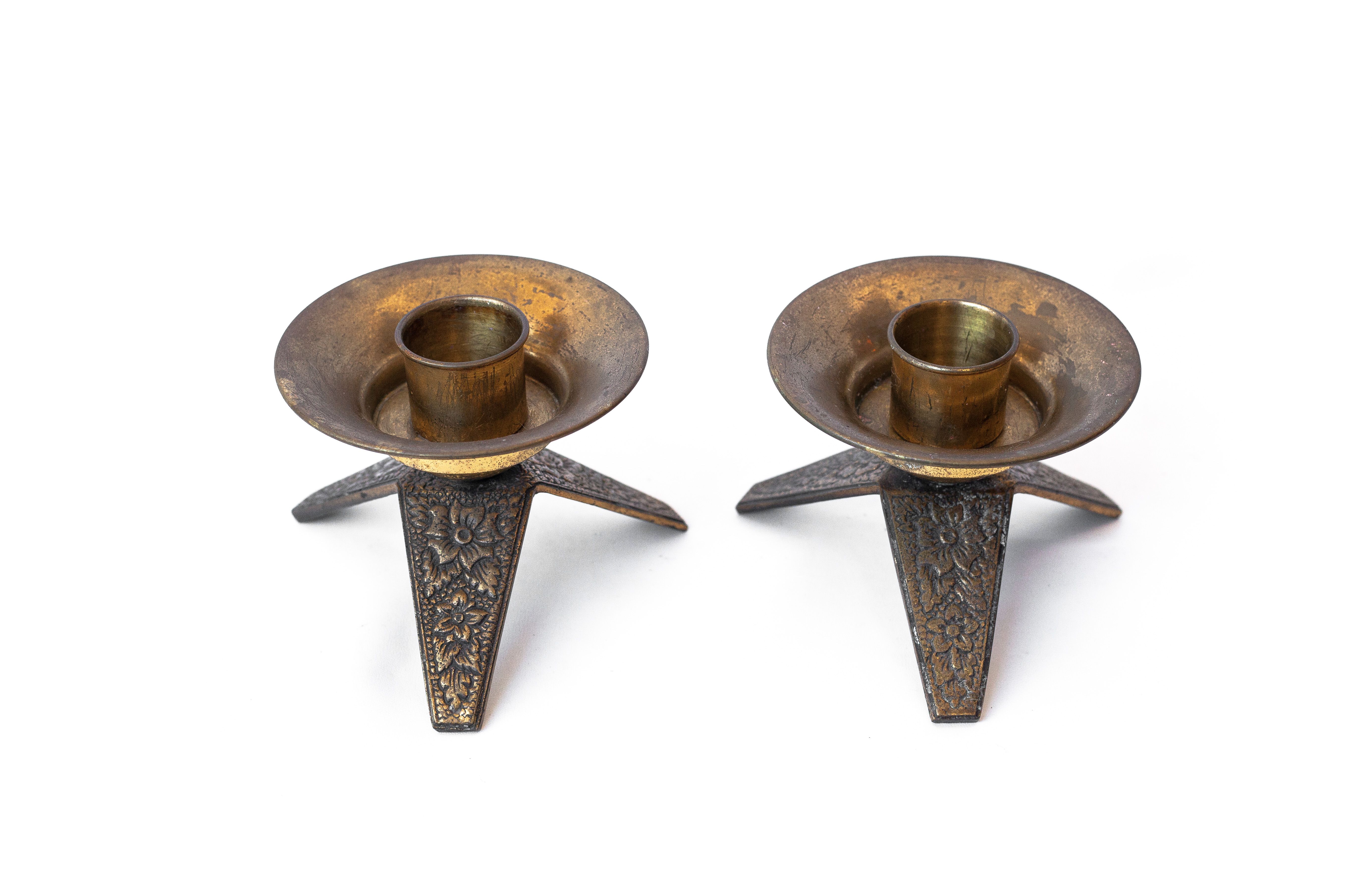 Pair of vintage candle holders, brass candle holders, candle holders, tripod legs, candelabra, floral pattern