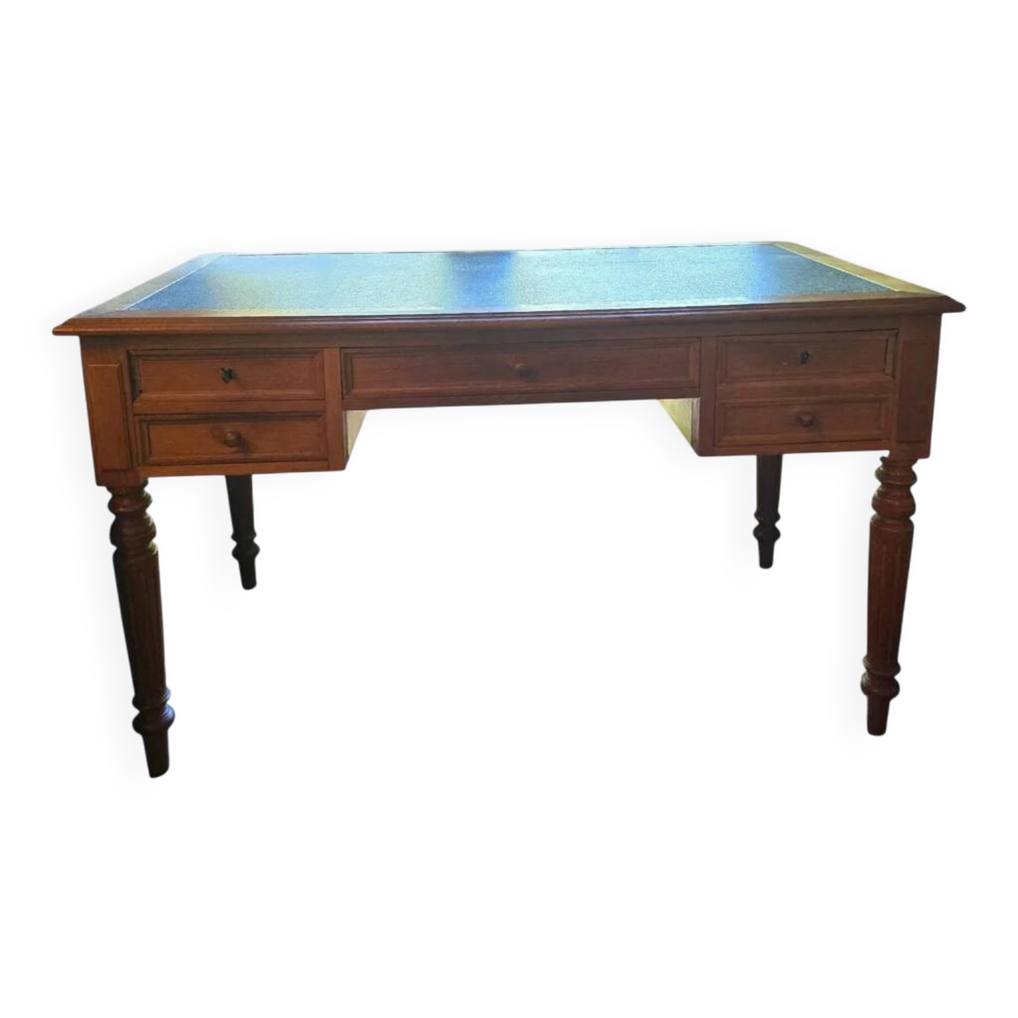 Antique flat desk in oak and black leather, Louis-Philippe style.