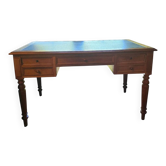 Bureau plat ancien en chêne et cuir noir, style Louis-Philippe