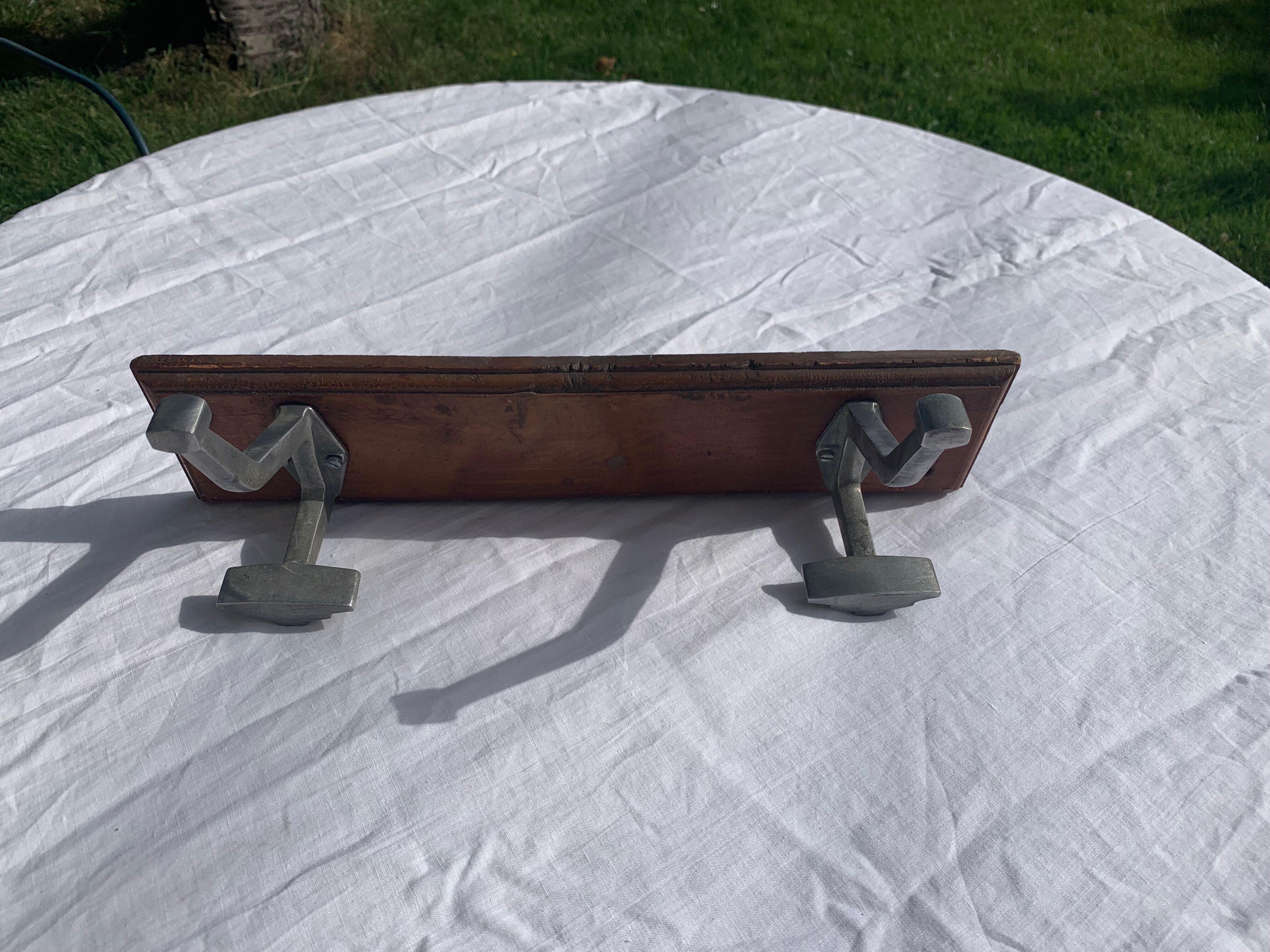 Wall coat rack two old metal hooks on vintage varnished wood