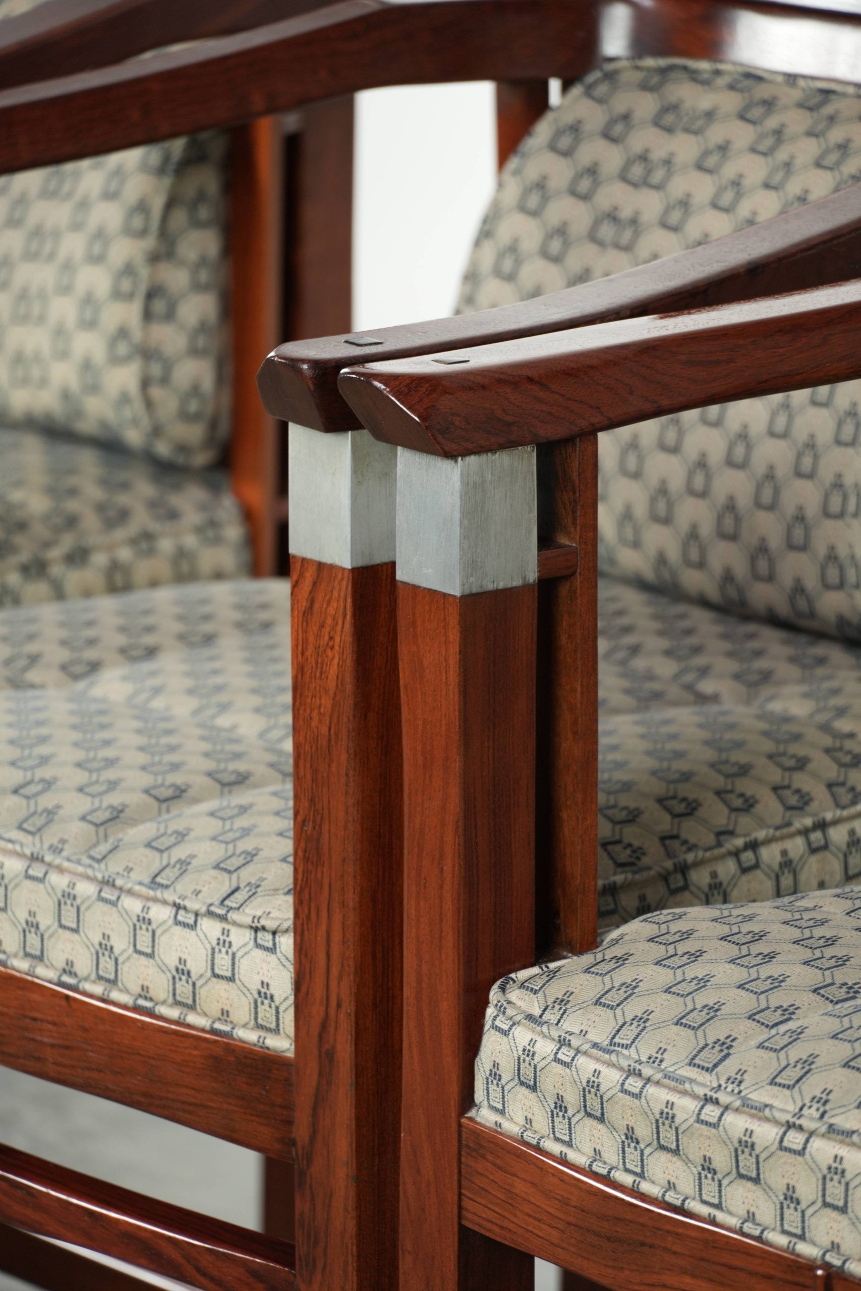 In very good condition Art Deco design dining chairs with fabric upholstery
