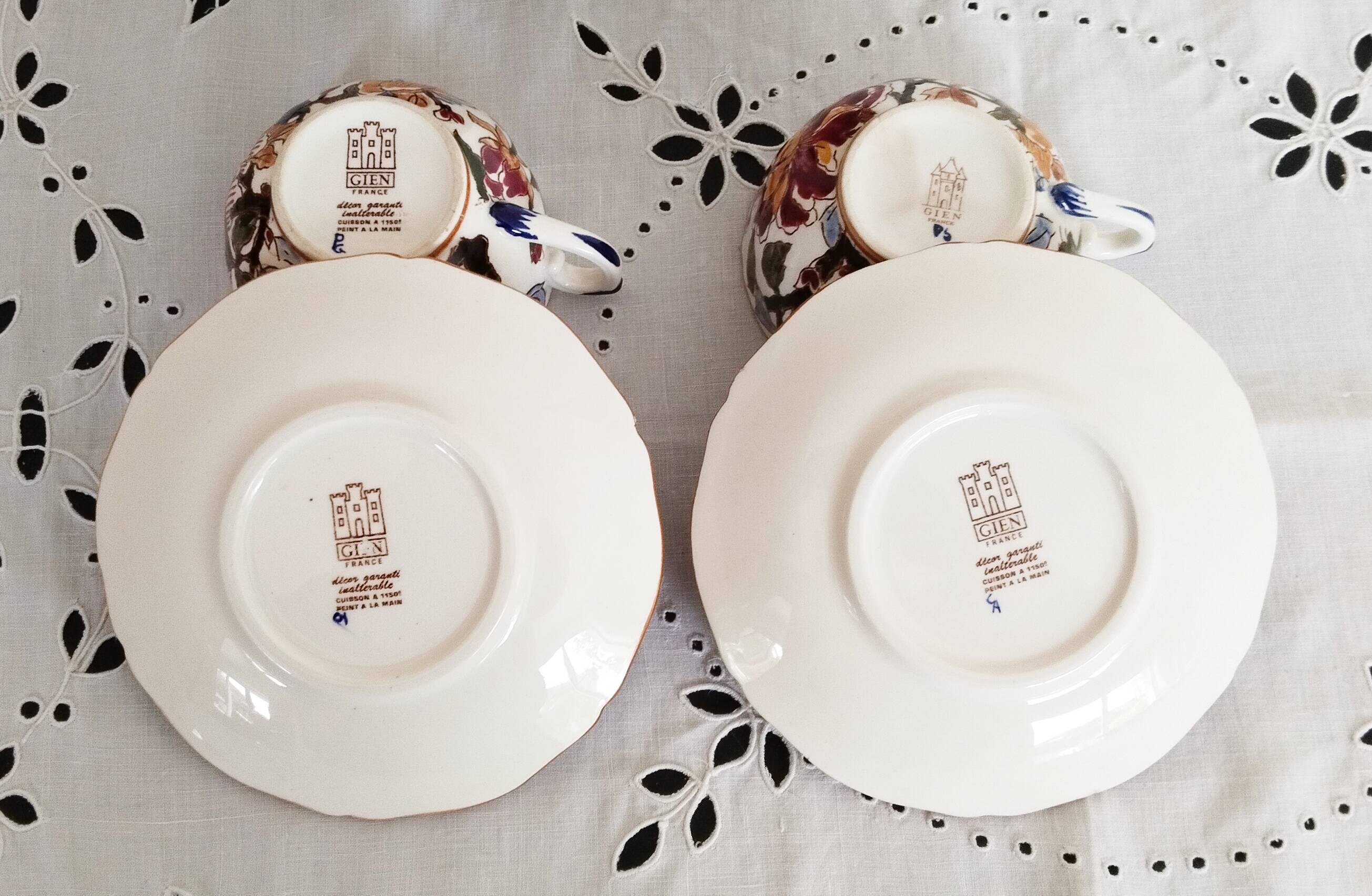 Gien earthenware coffee cups, "peonies" motif, tea cup