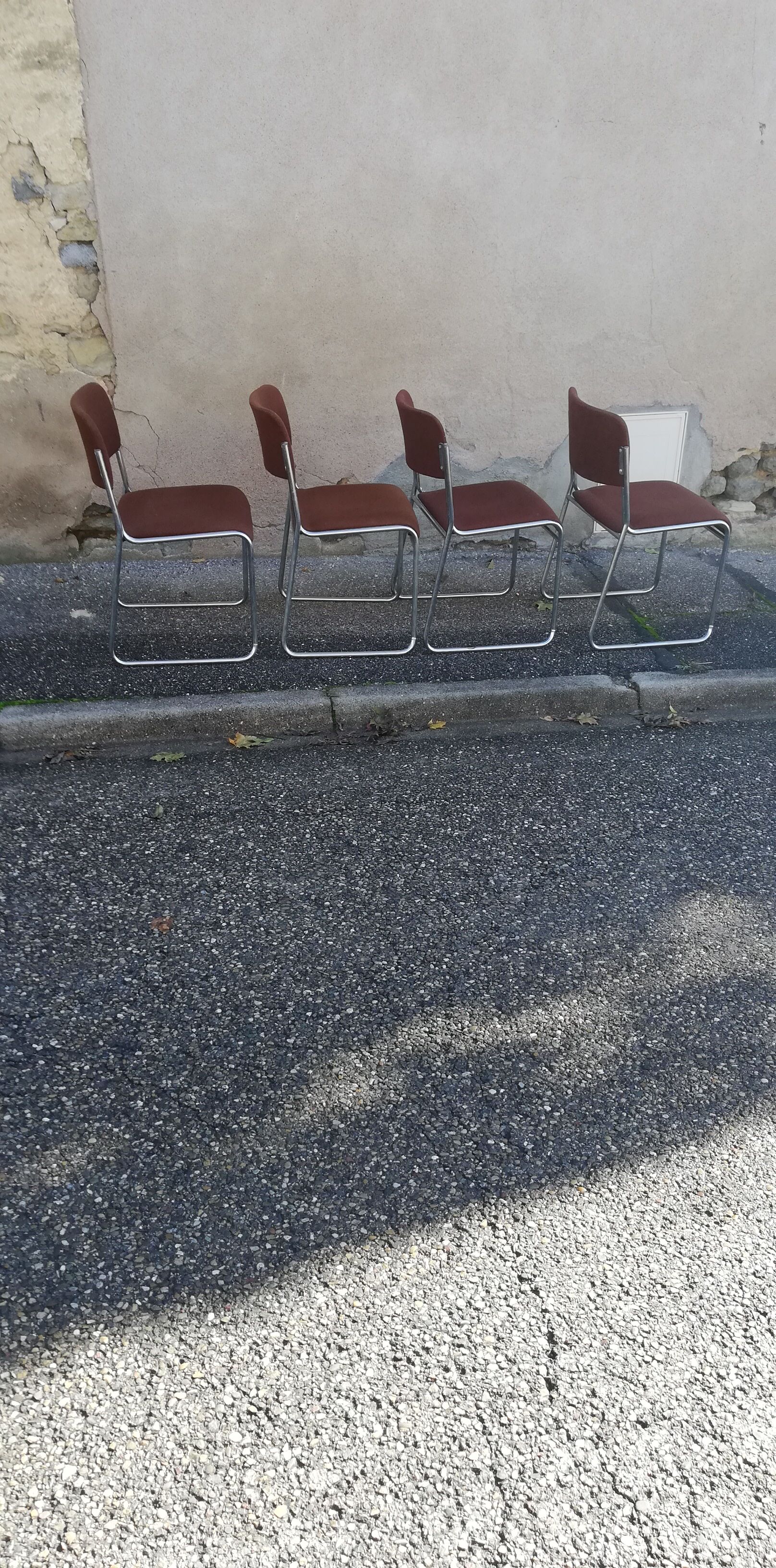 Set de 4 chaises vintage chrome et tissu marron