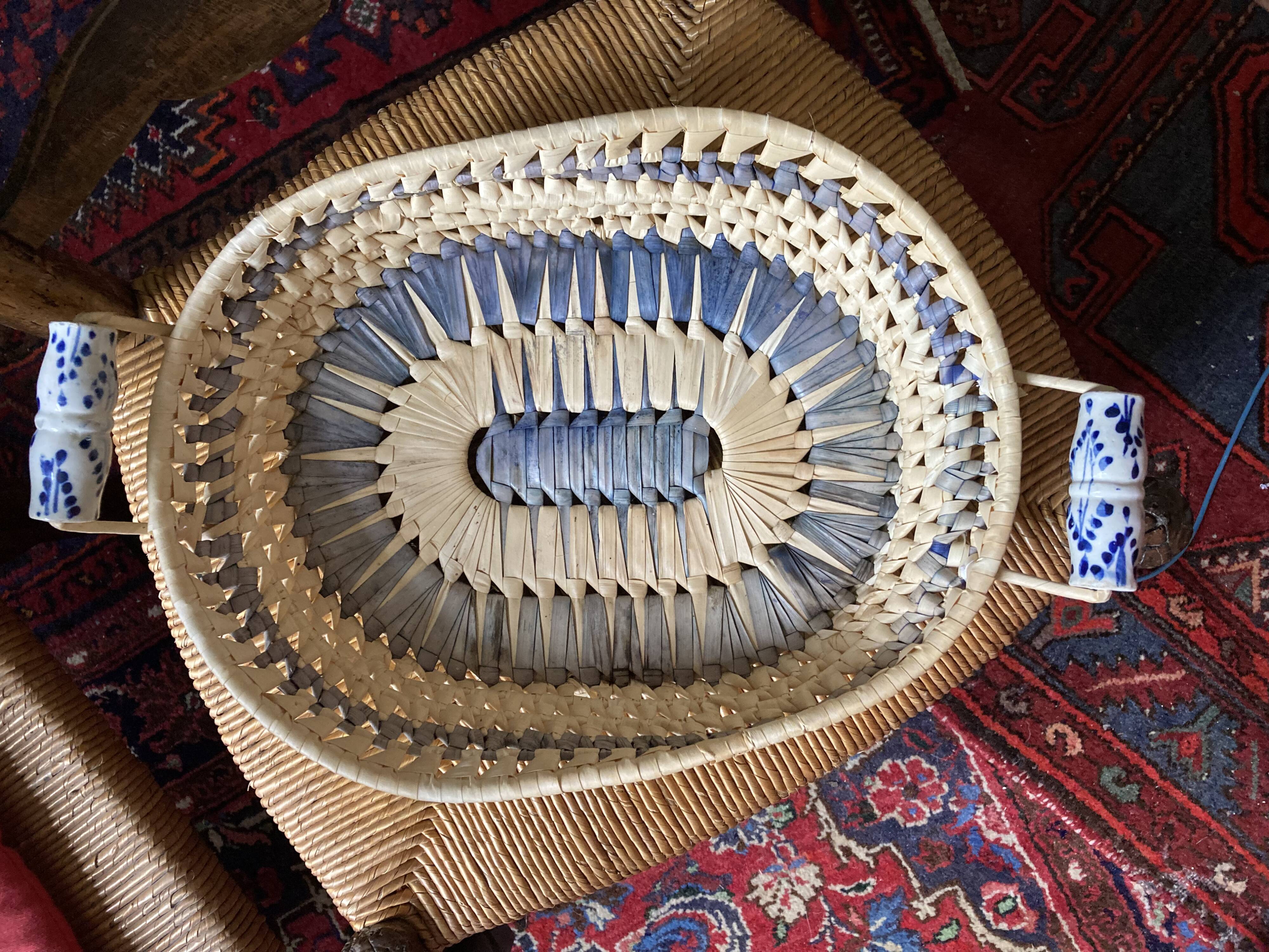 Wicker basket and vintage asymmetrical antique ceramic
