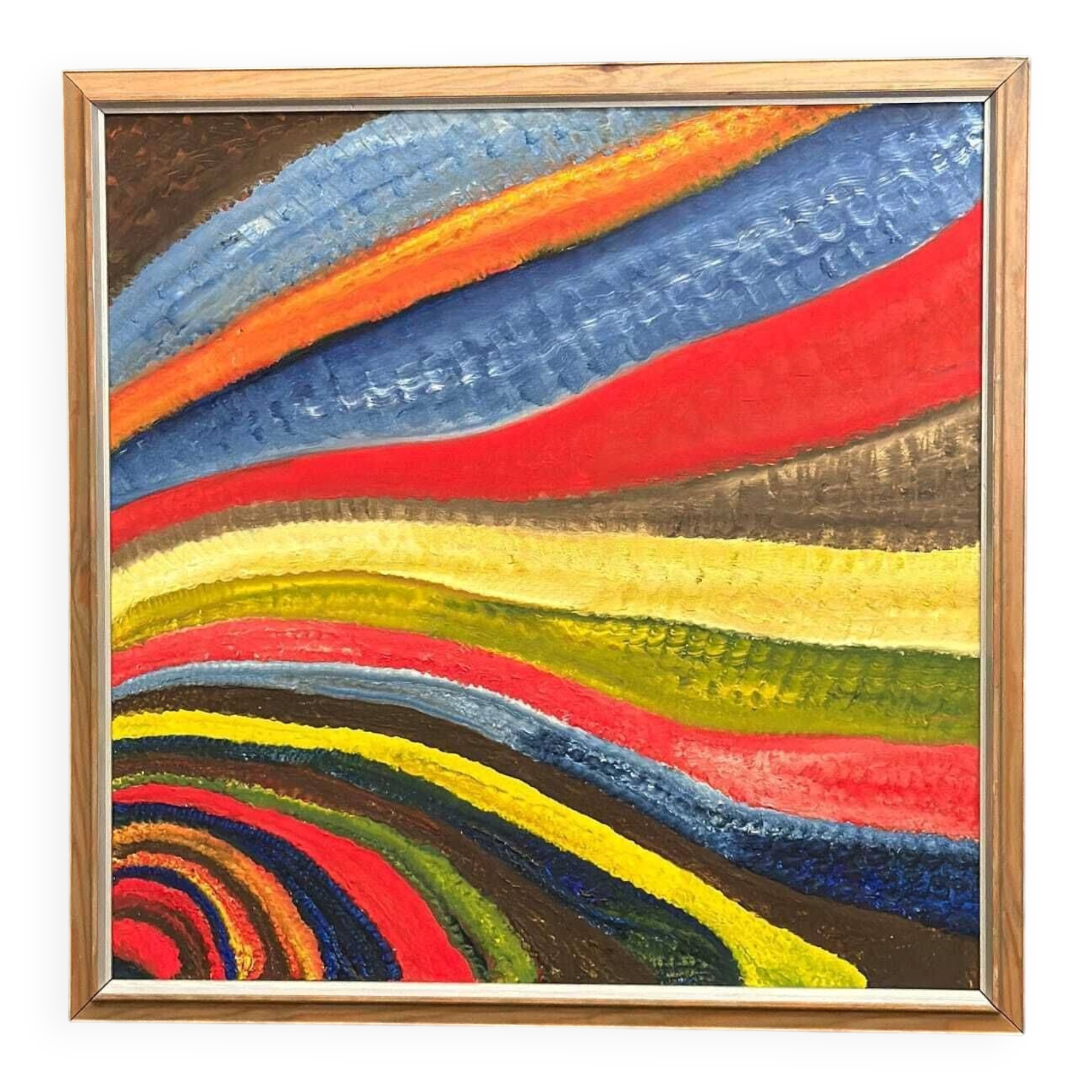 Huile sur toile originale suédoise – 'Fantasia/Färg' par R.C. Reyes – Datée de 1990 (au verso) – Vintage et encadrée – 67 x 67 cm (26,3" × 26,3")