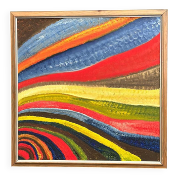 Huile sur toile originale suédoise – 'Fantasia/Färg' par R.C. Reyes – Datée de 1990 (au verso) – Vintage et encadrée – 67 x 67 cm (26,3" × 26,3")