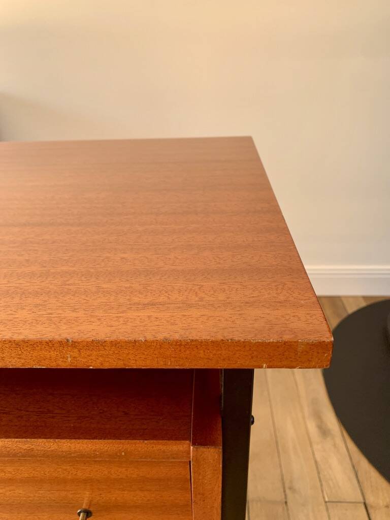 lacquered wood desk and black steel legs design from the 60s and 70s