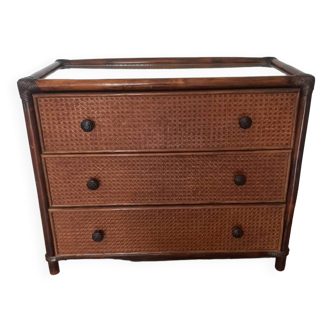 Charmante commode vintage bois cannage bambou-années 80- commode 3 tiroirs enfant