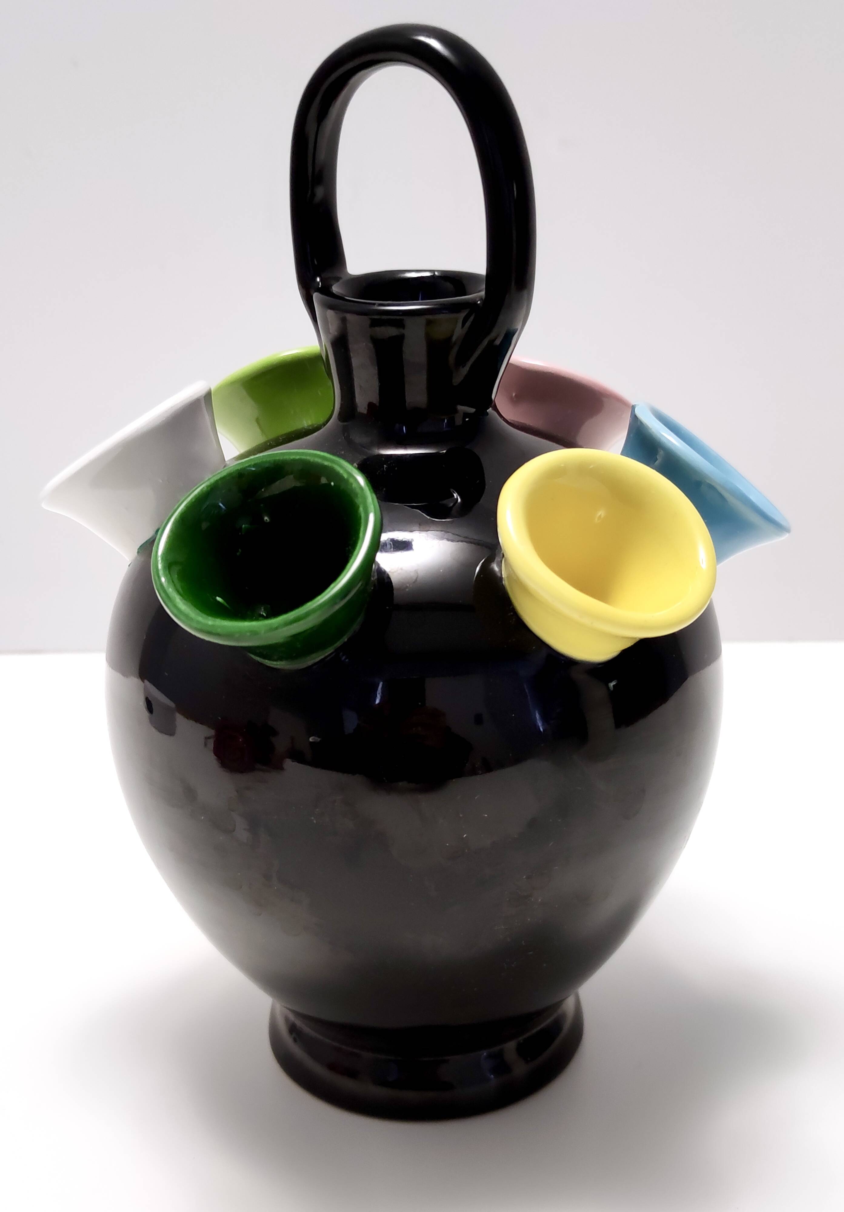 Black Lacquered Ceramic Tulip Vase Ascribable to Pucci Umbertide, Italy