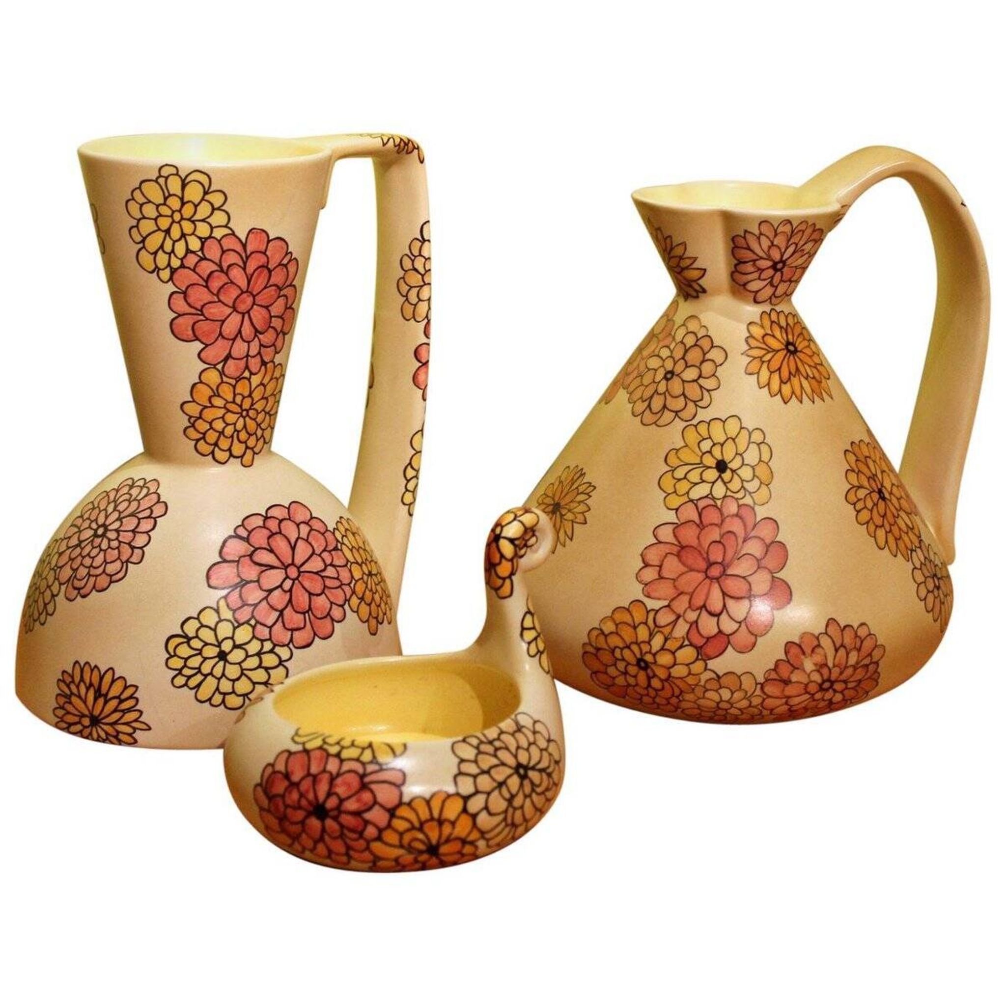 Italian Art Deco Ceramic Jug, Pitcher and Tray Set with Floral Patterns from Lenci, 1930s, Set of 3