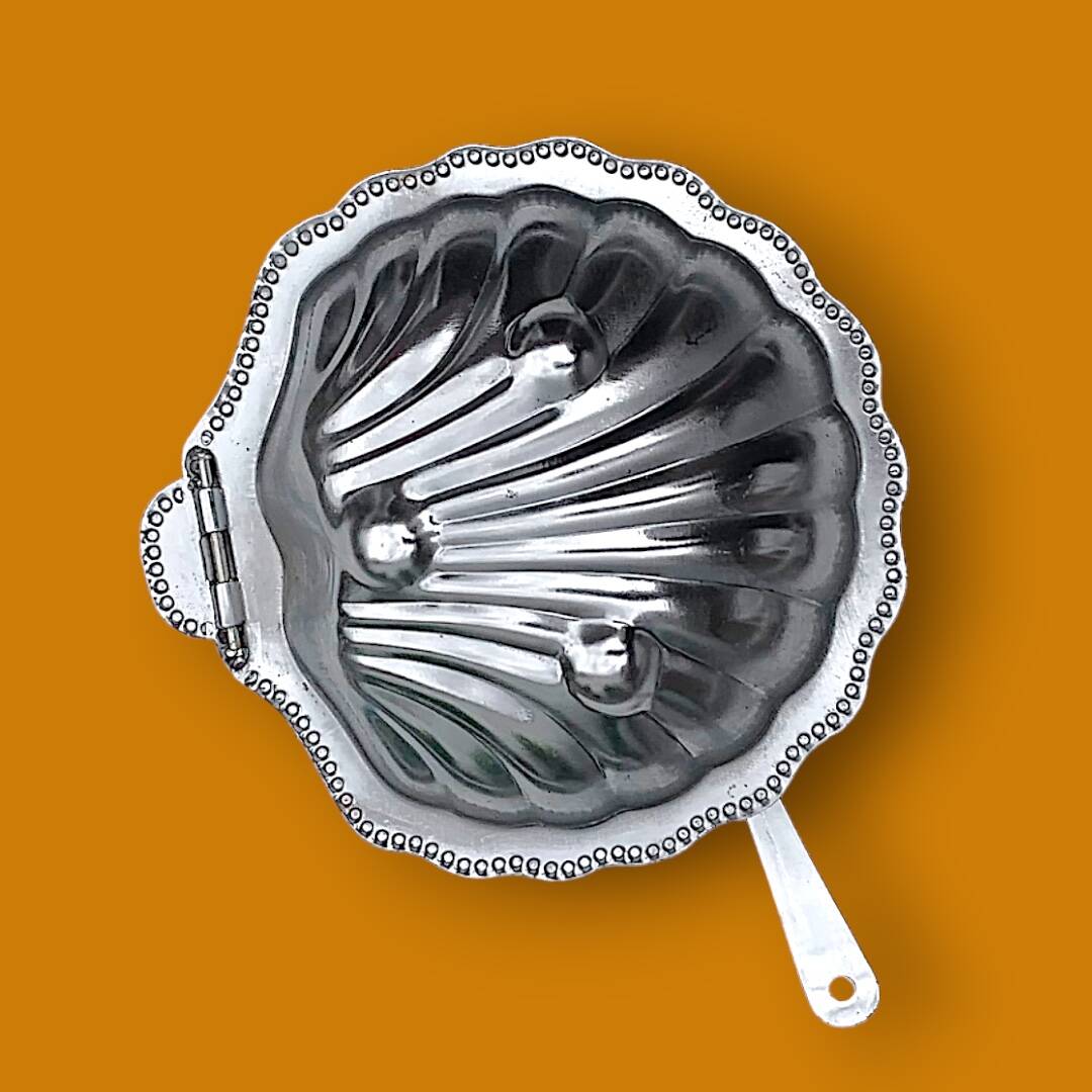 Vintage stainless steel and glass shell butter dish with knife