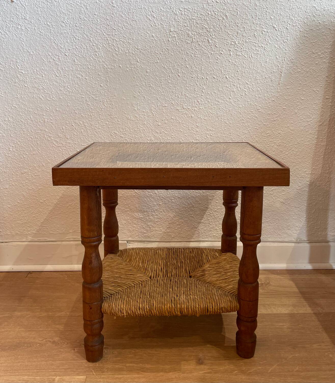 Wood, straw and glass side table, circa 1950