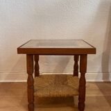 Wood, straw and glass side table, circa 1950