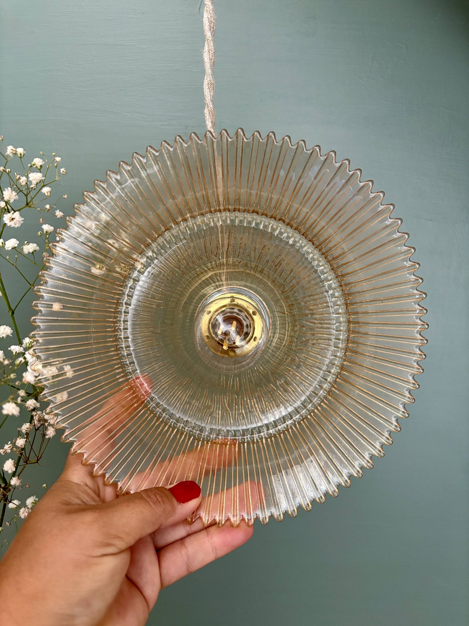 Vintage amber ribbed glass lampshade pendant light