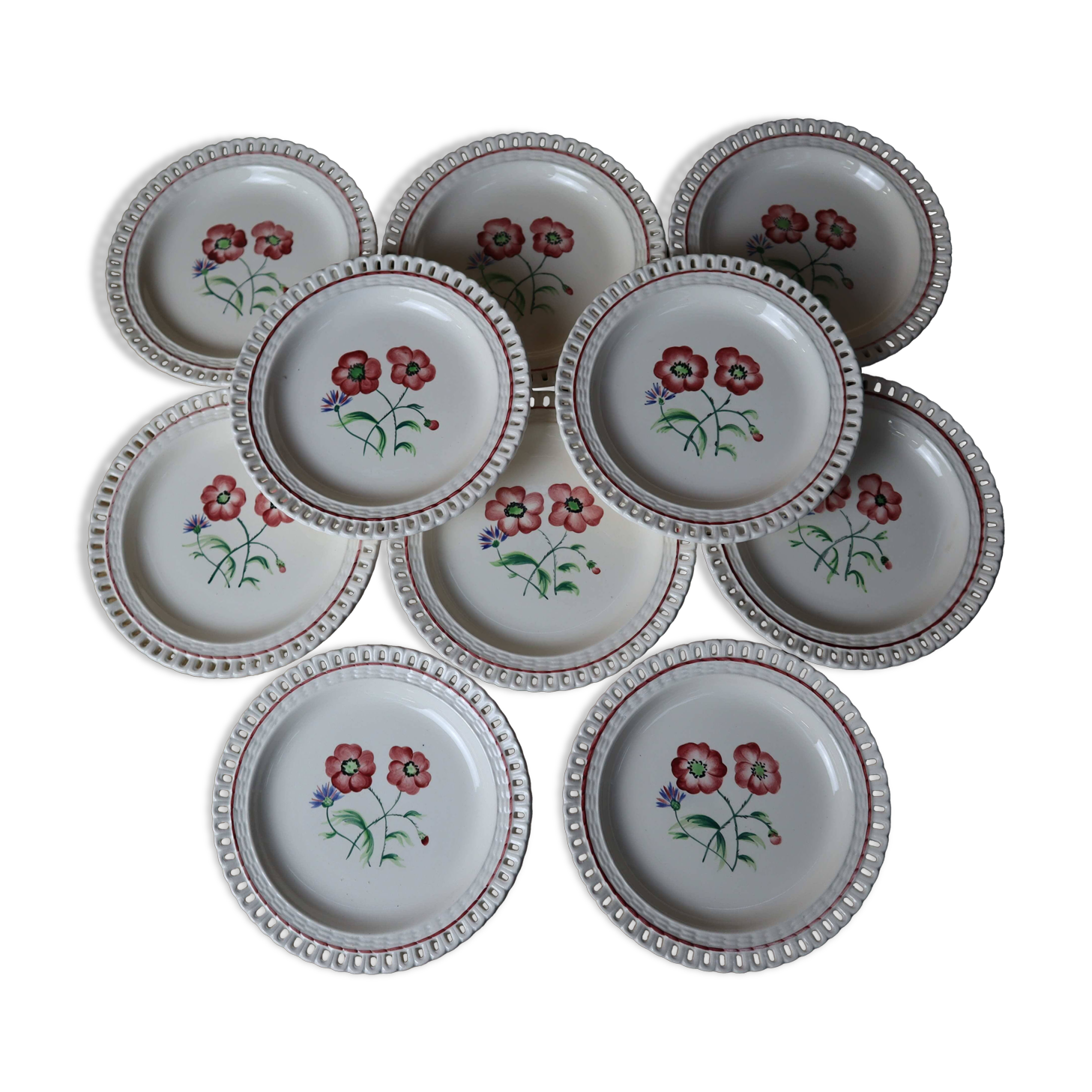 Set of 10 half-porcelain Lunéville dessert plates