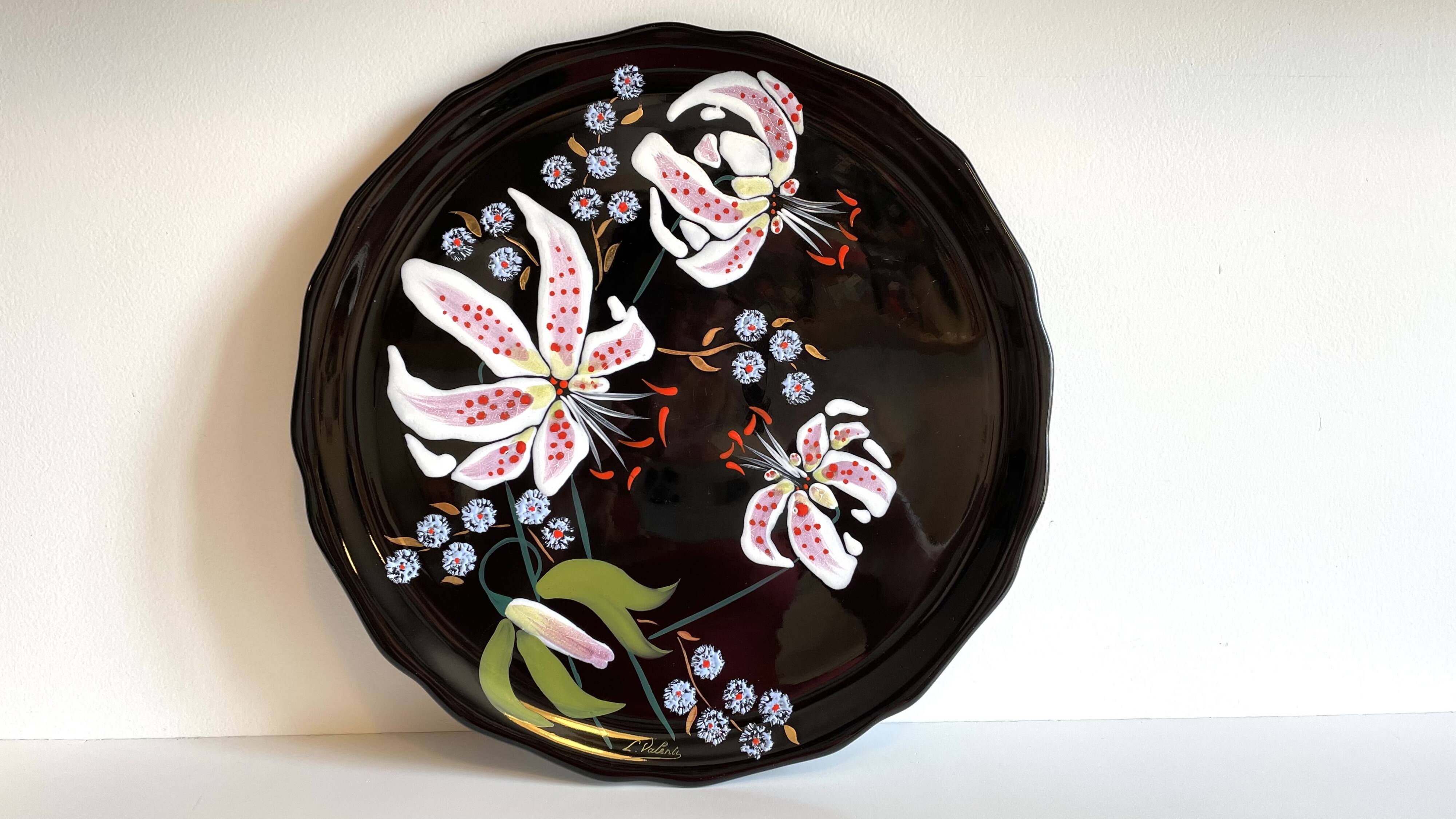 LONGWY PLATTER WITH LILIES signed L. VALENTI