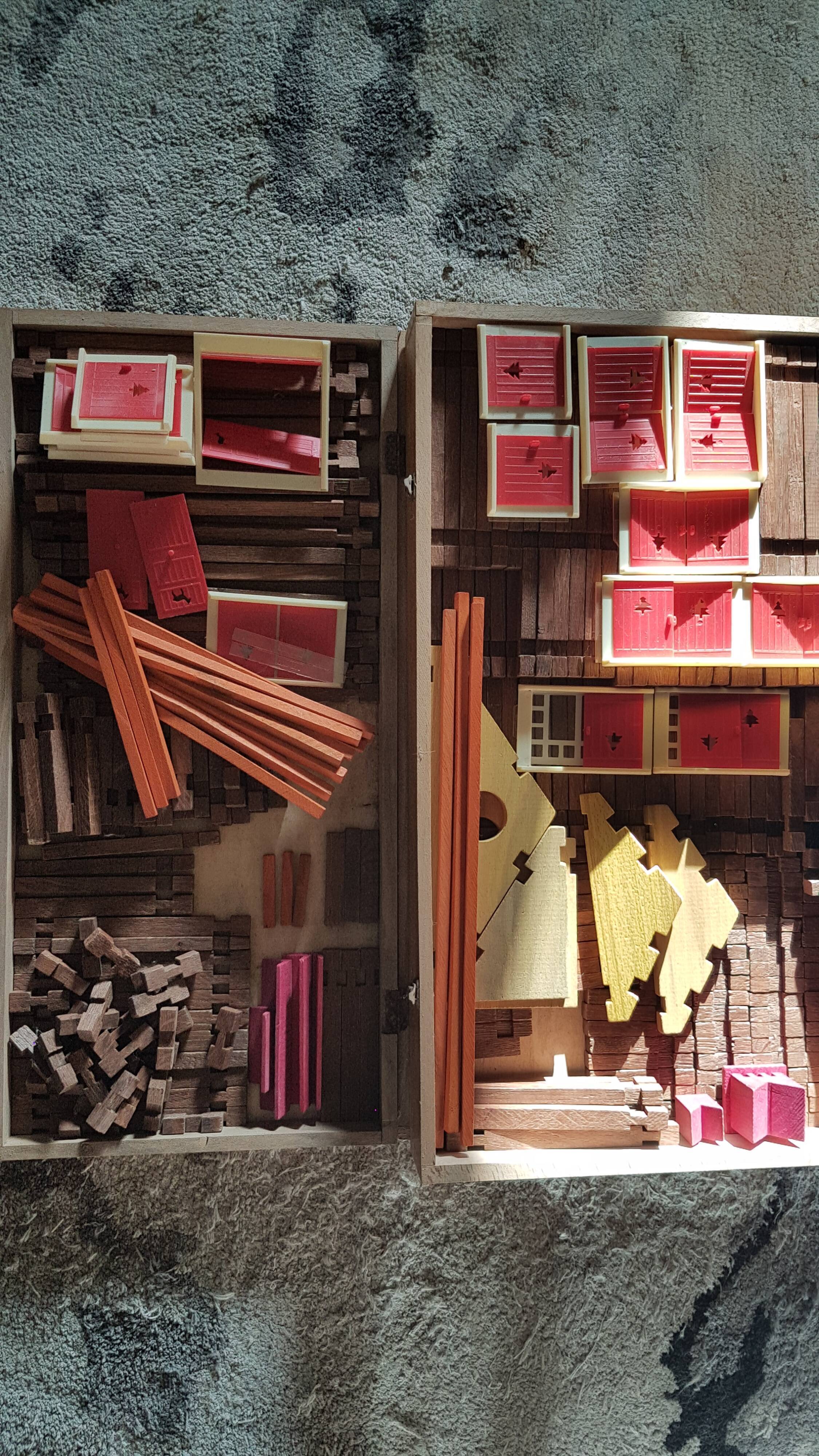 2 boxes of old wooden construction game from JeuJura Swiss cottage and forest house