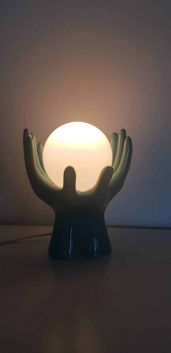 Ceramic and opaline lamp forming two hands, 1970s
