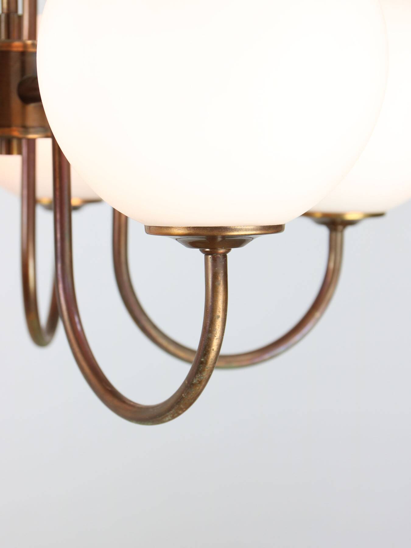 Vintage Italian Brass and Opaline Chandelier in Copper Color, 70s