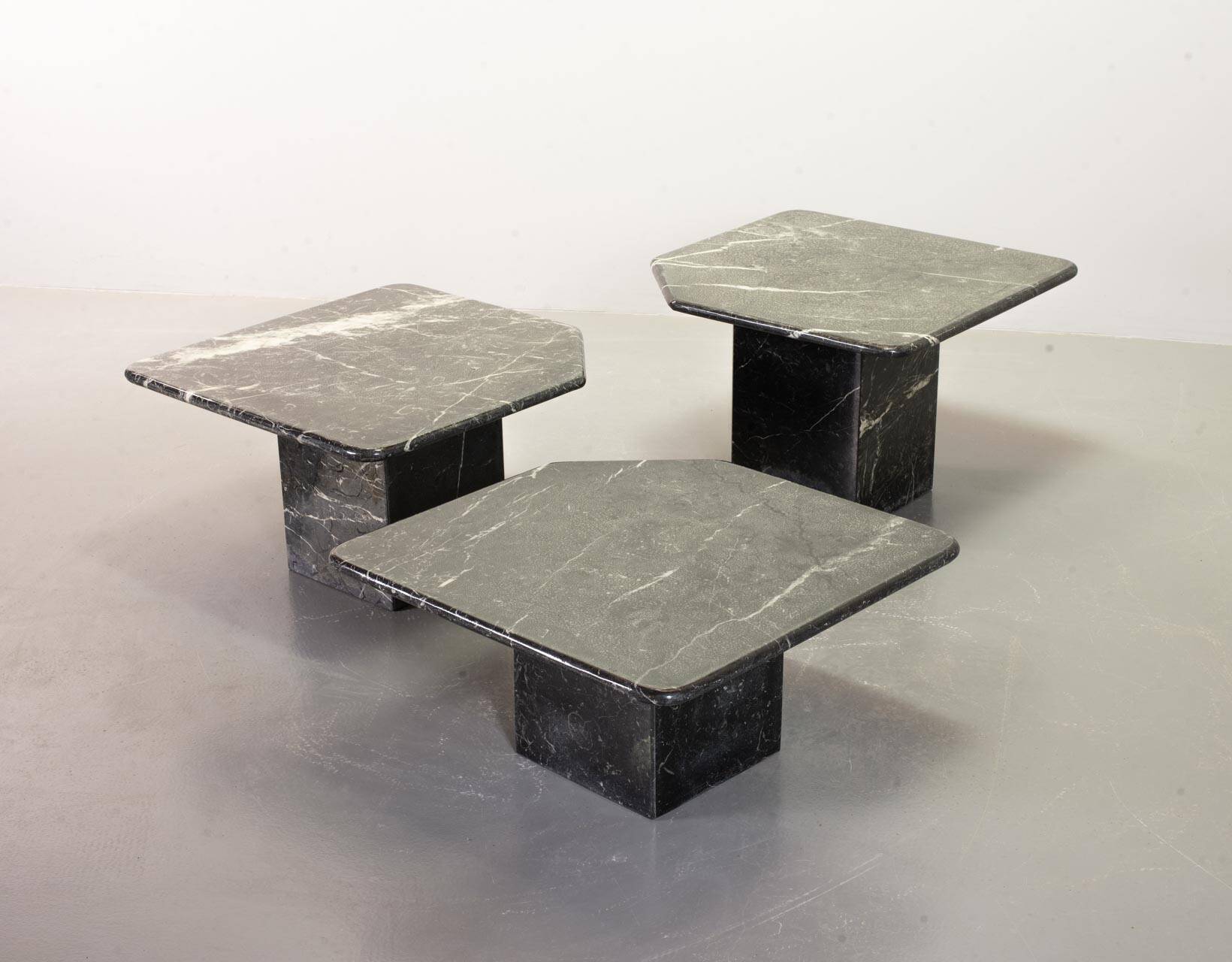 Italian Trio of Black Carrara Marble Side Tables with Oblique Angle, 1970s.