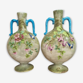 Lot of 2 vases with longwy earthenware handles flowers