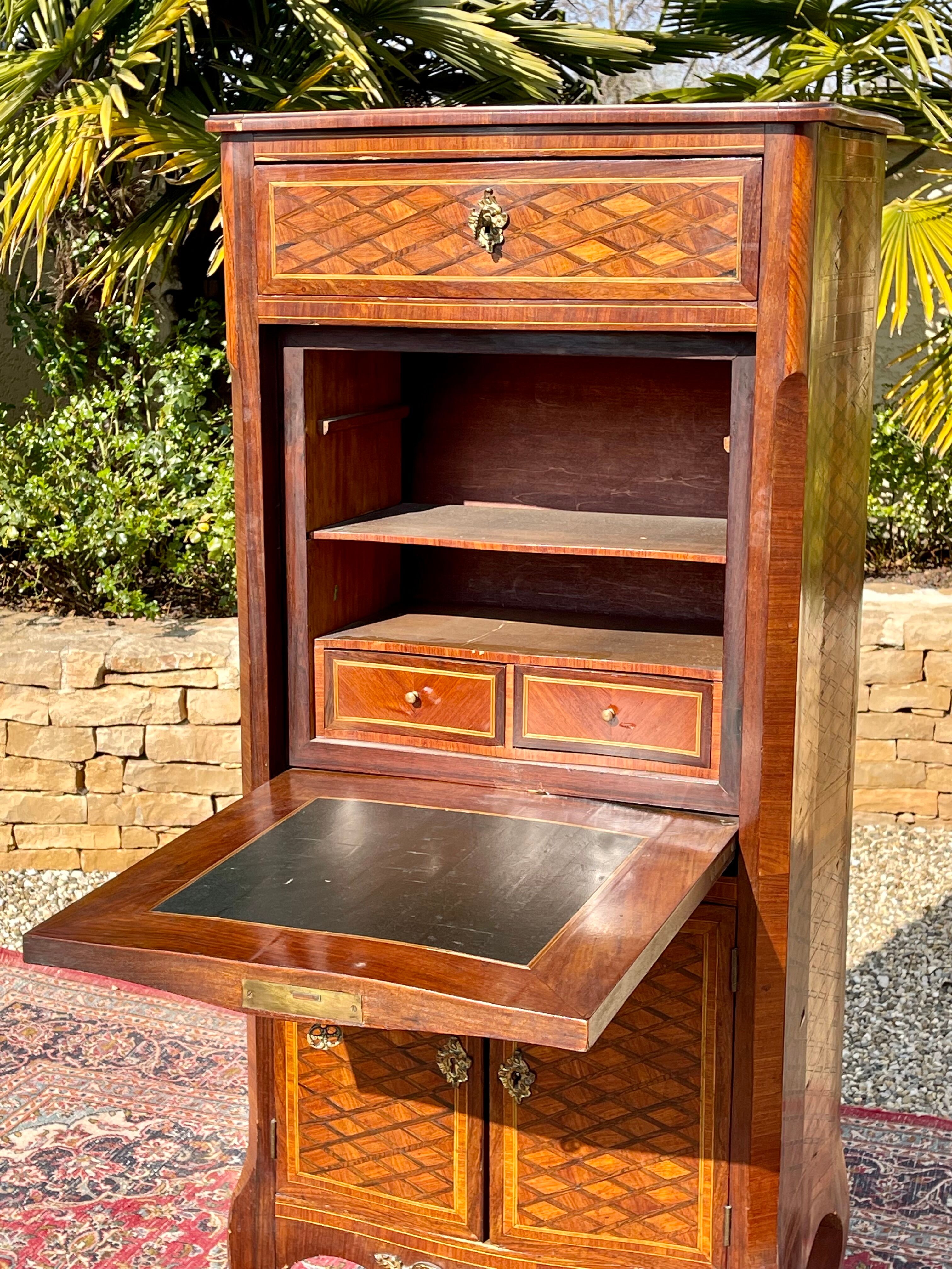 Small secretary in Marquetry of Losanges and Bronze