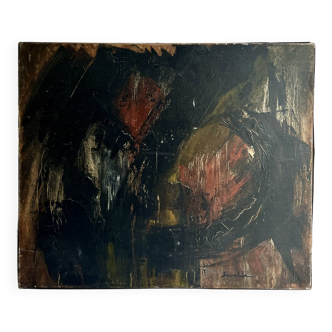 contemporary painting on canvas signed, mixed technique art brut, 1954