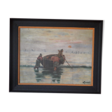 Tableau ancien à l'huile signé sur un panneau de bois représentant des pêcheurs