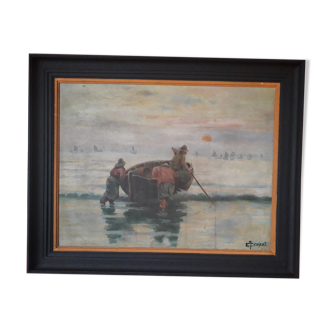 Old oil painting signed on a wooden panel representing fishermen