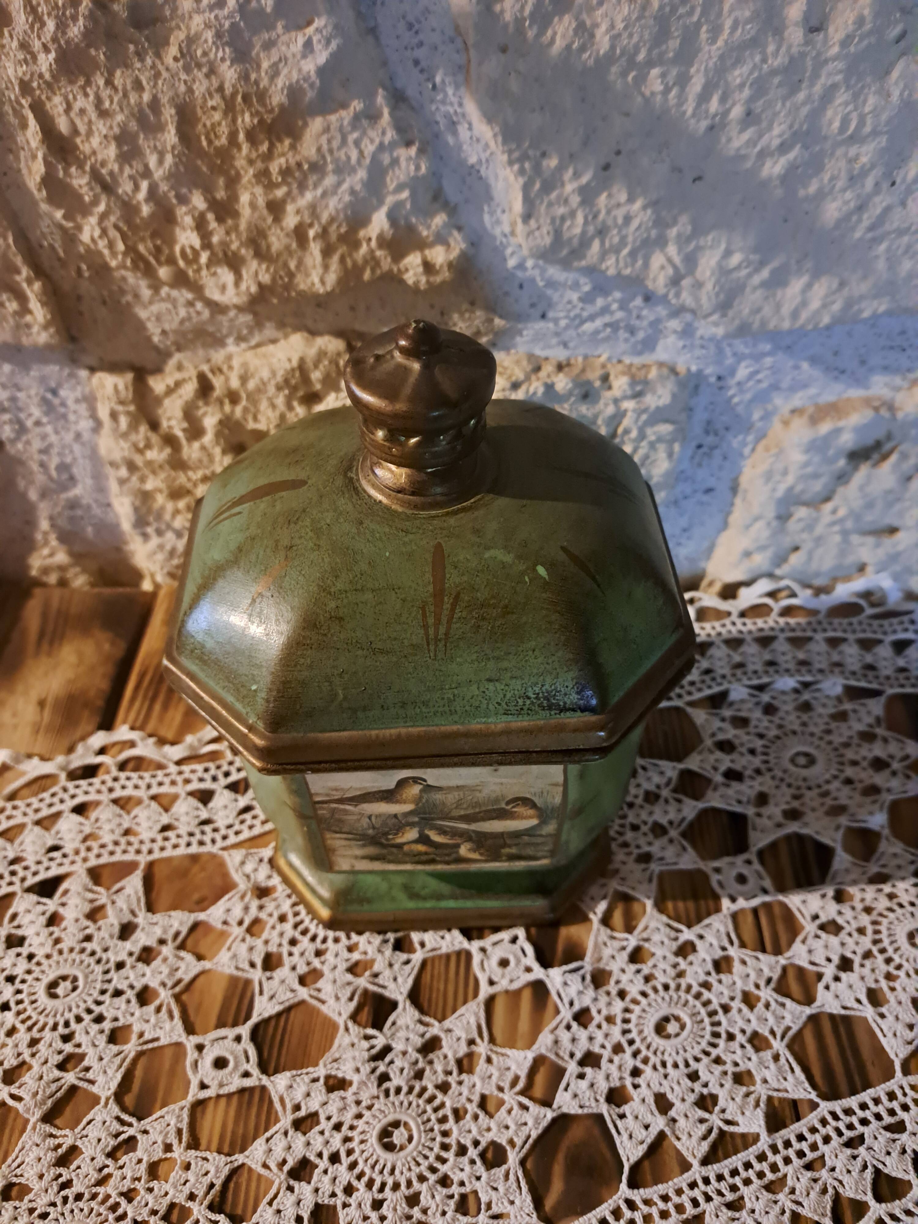 Vintage ceramic tobacco pot with bird decor