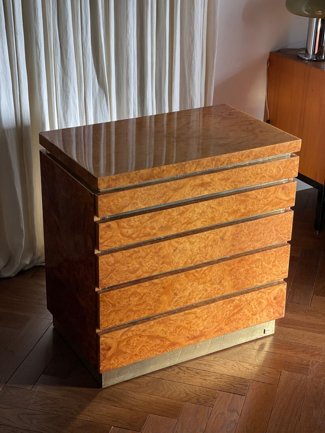 Lacquered elm burl chest of drawers by Jean Claude Mahey, 1970s.