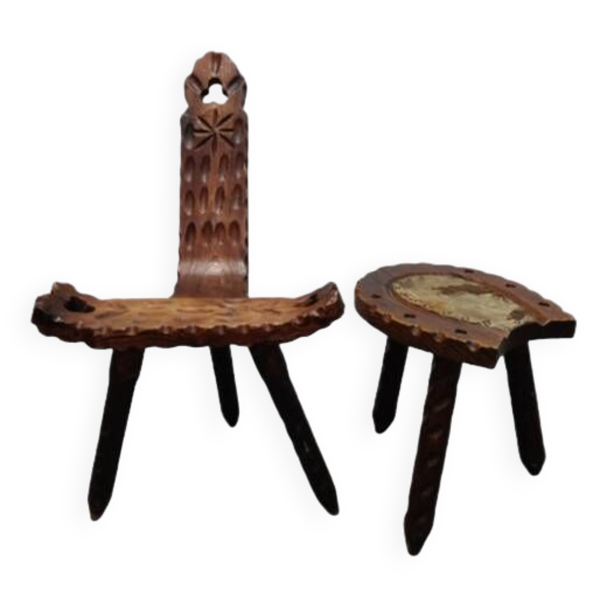 Vintage Spanish Wooden Chair and Stool from the 1970s