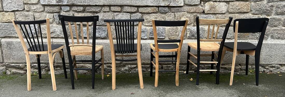 Suite of 6 Baumann, Gascoin, Luterma bistro chairs, redesigned, raw wood and matte black.