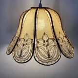 Antique hanging lampshade in rattan and openwork embroidered fabric